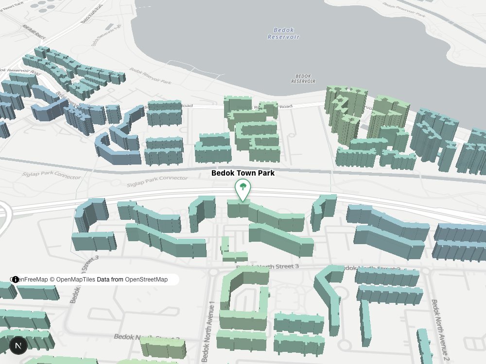 Map of Bedok Town Park and surrounding HDB blocks
