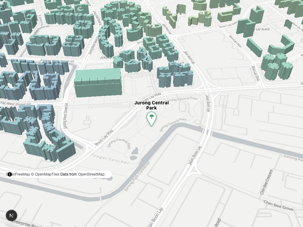 Map of Jurong Central Park and surrounding HDB blocks