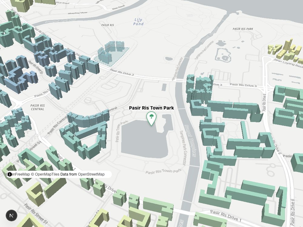 Map of Pasir Ris Town Park and surrounding HDB blocks