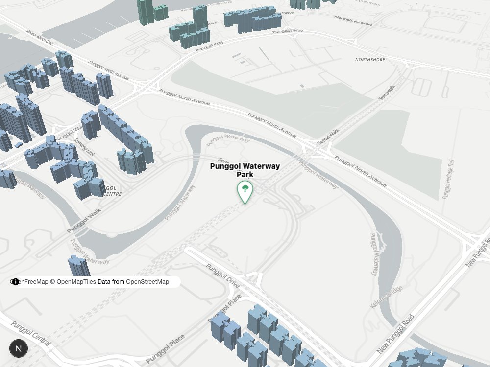 Map of Punggol Waterway Park and surrounding HDB blocks