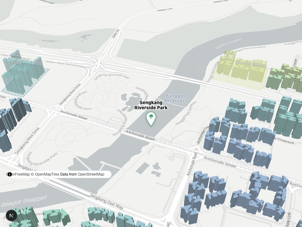 Map of Sengkang Riverside Park and surrounding HDB blocks
